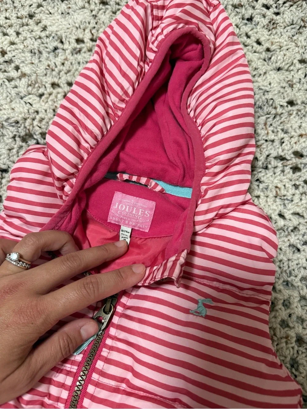 Joules Pink Striped Hooded Kids Puffer Vest 18-24m